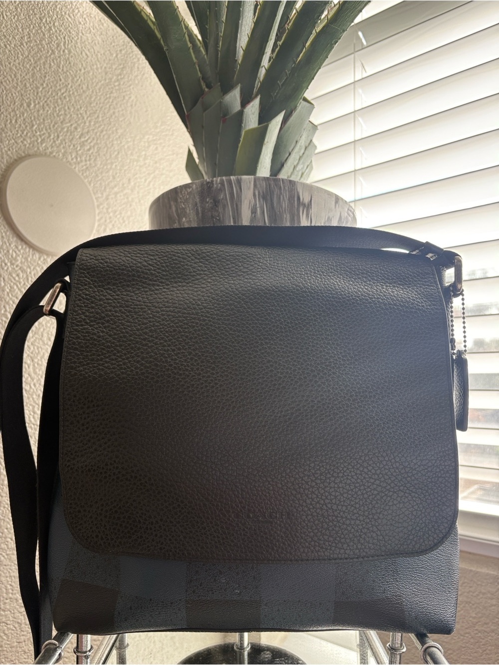 Coach Designer Black Leather Buffalo Checker Flap Crossbody Messenger Bag